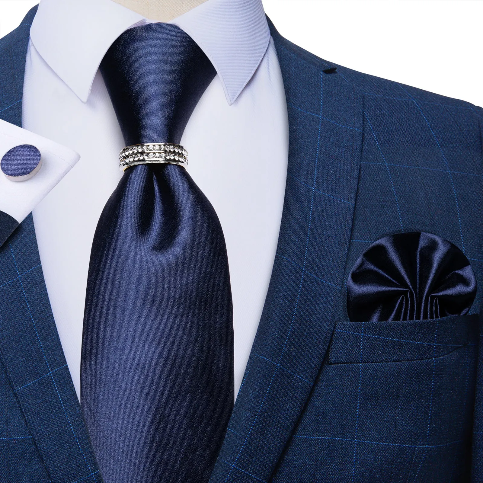 DiBanGu Silk Tie 4PCS Blue Solid Men's Tie Set with Suit Tie Ring