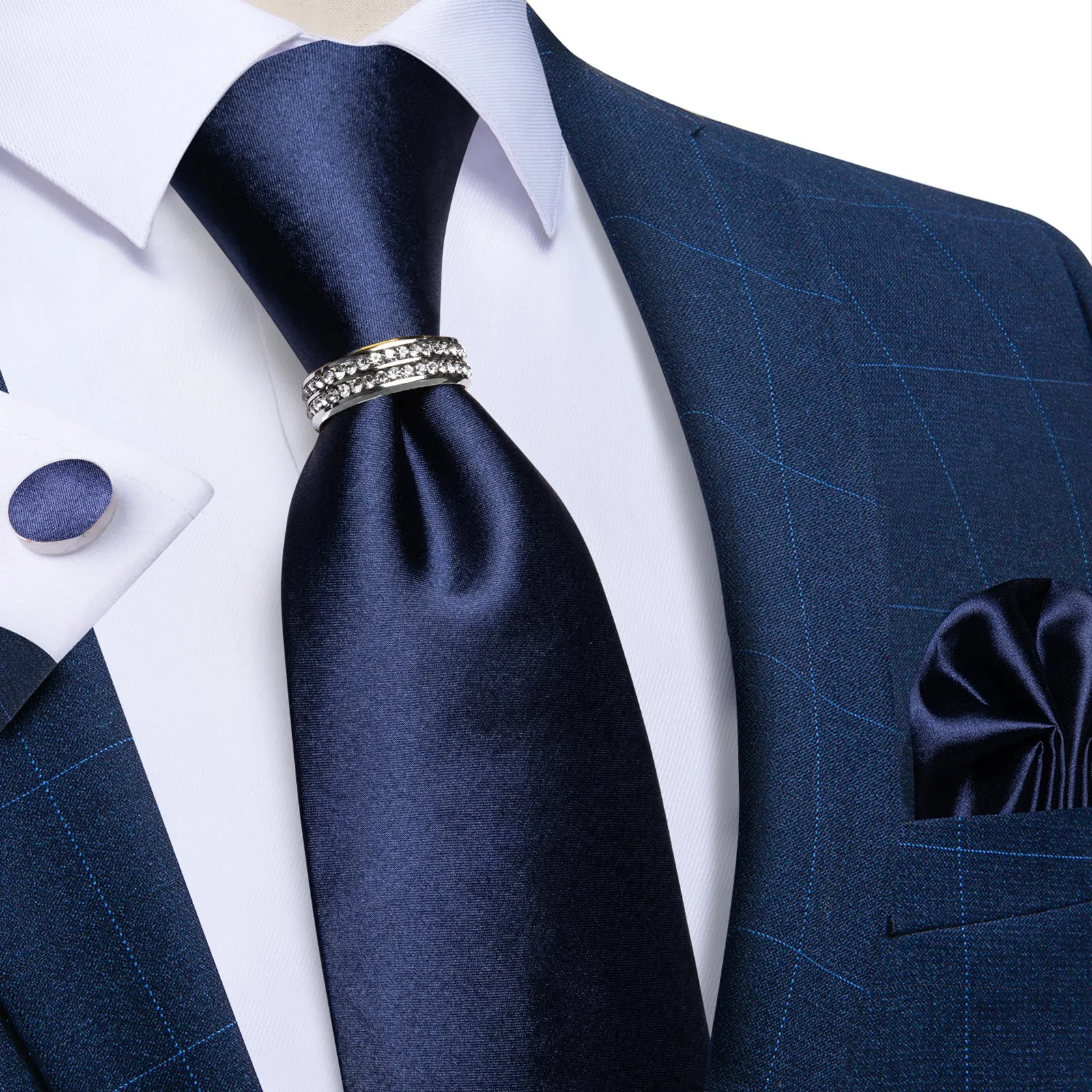 DiBanGu Silk Tie 4PCS Blue Solid Men's Tie Set with Suit Tie Ring