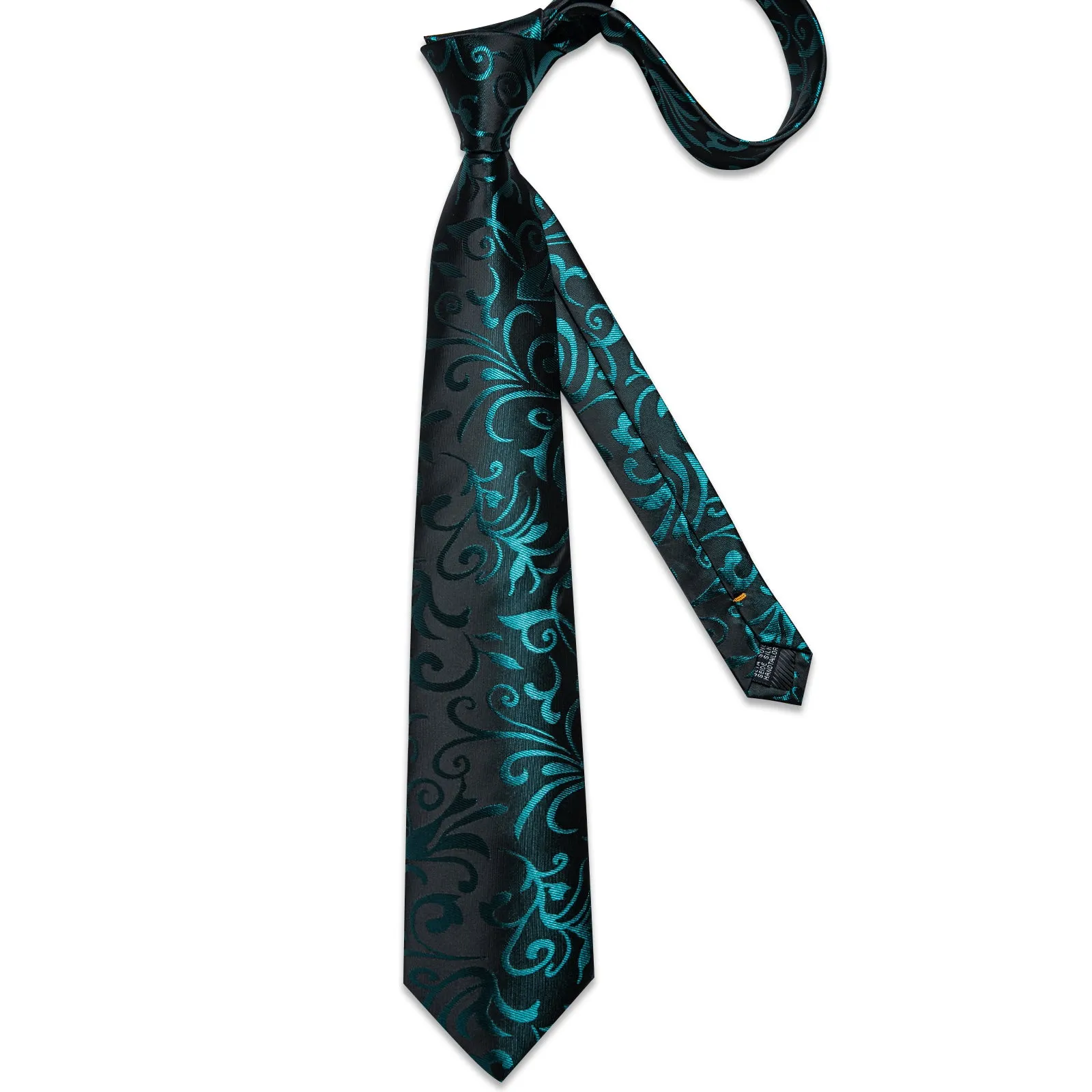 DiBanGu Silk Tie Black Teal Floral Men's Tie Handkerchief Cufflinks Clip Set
