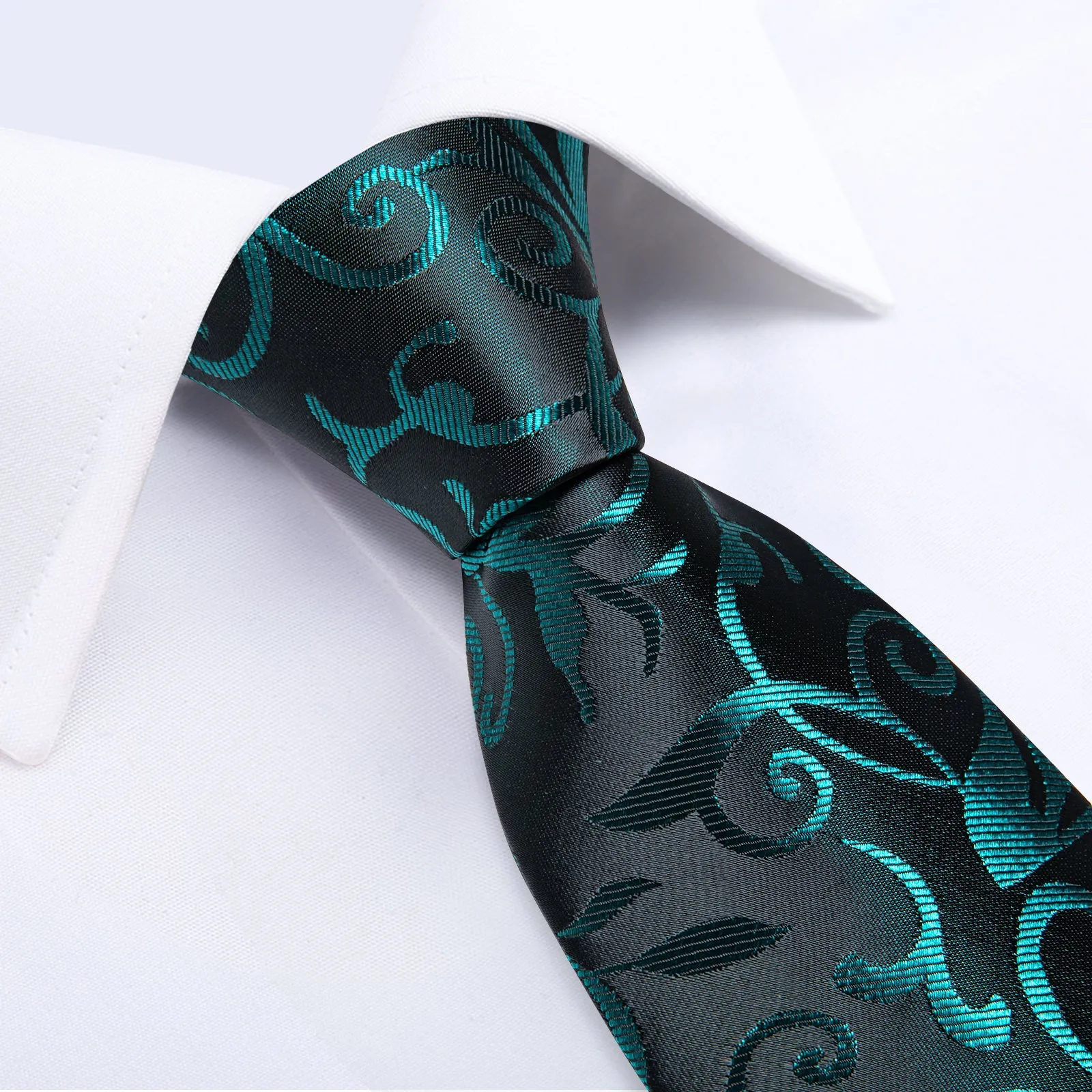 DiBanGu Silk Tie Black Teal Floral Men's Tie Handkerchief Cufflinks Clip Set