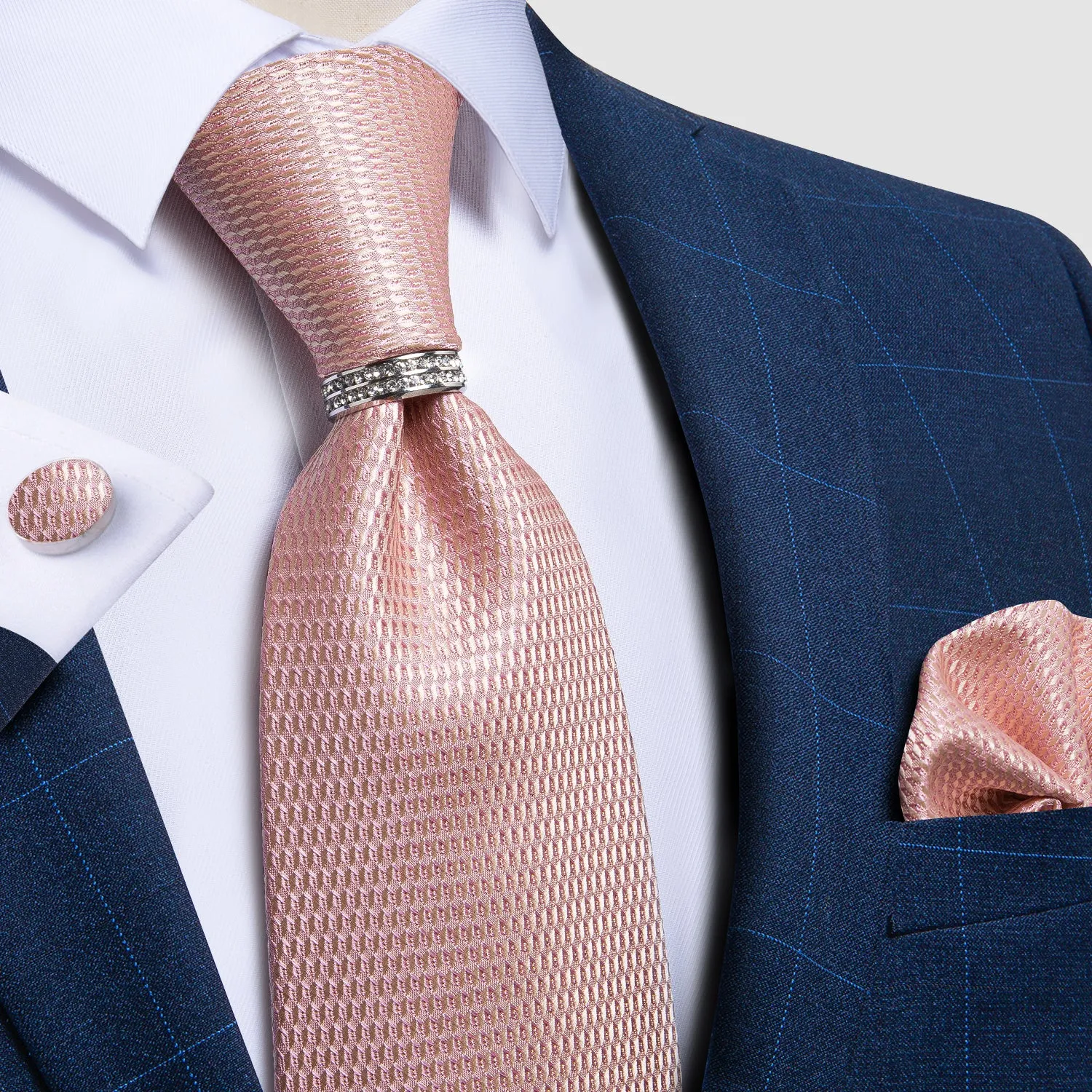 DiBanGu Silk Tie Ring Set Pink Rhinestone Plaid Men's Tie Pocket Square Cufflinks with Tie Ring Set