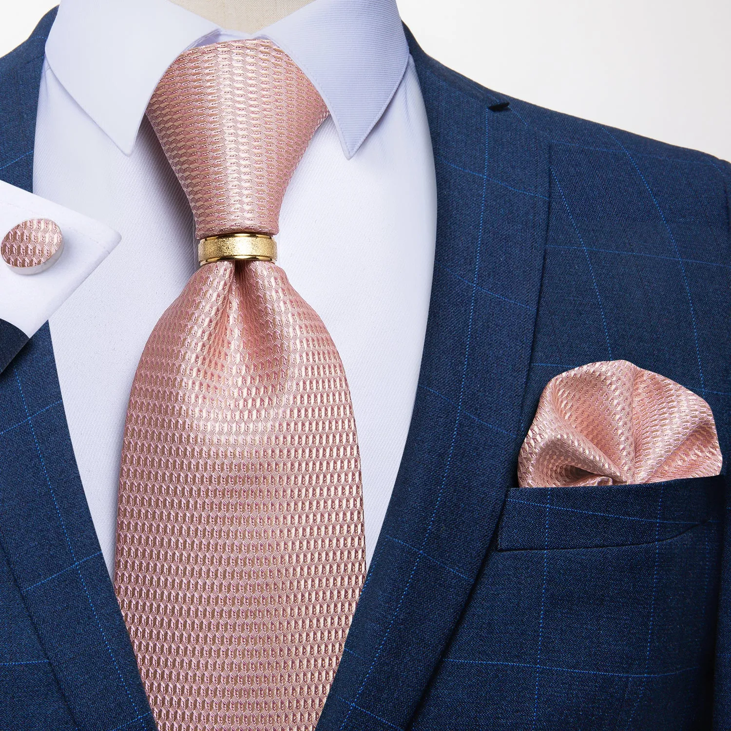 DiBanGu Silk Tie Ring Set Pink Rhinestone Plaid Men's Tie Pocket Square Cufflinks with Tie Ring Set