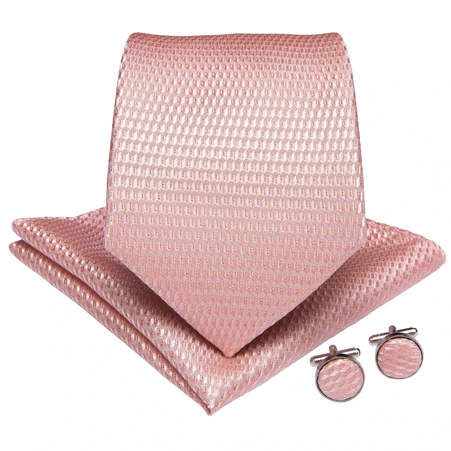 DiBanGu Silk Tie Ring Set Pink Rhinestone Plaid Men's Tie Pocket Square Cufflinks with Tie Ring Set