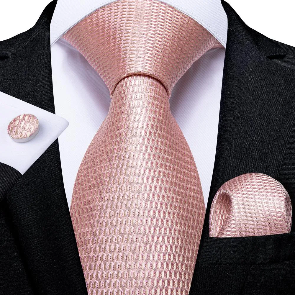 DiBanGu Silk Tie Ring Set Pink Rhinestone Plaid Men's Tie Pocket Square Cufflinks with Tie Ring Set