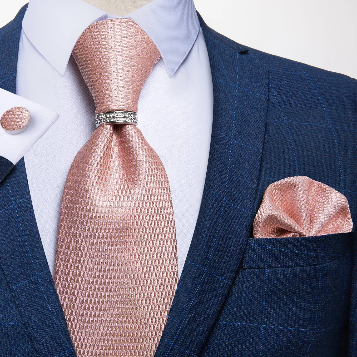 DiBanGu Silk Tie Ring Set Pink Rhinestone Plaid Men's Tie Pocket Square Cufflinks with Tie Ring Set