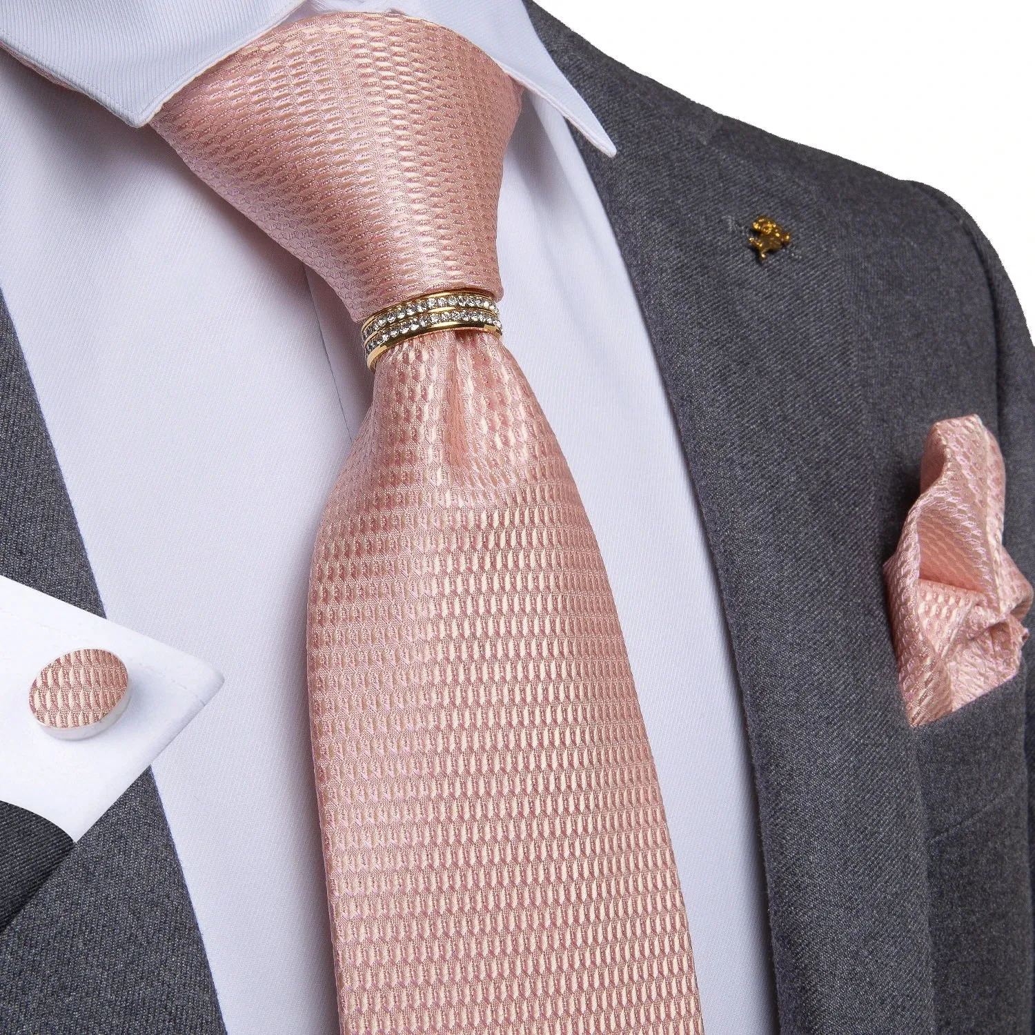 DiBanGu Silk Tie Ring Set Pink Rhinestone Plaid Men's Tie Pocket Square Cufflinks with Tie Ring Set