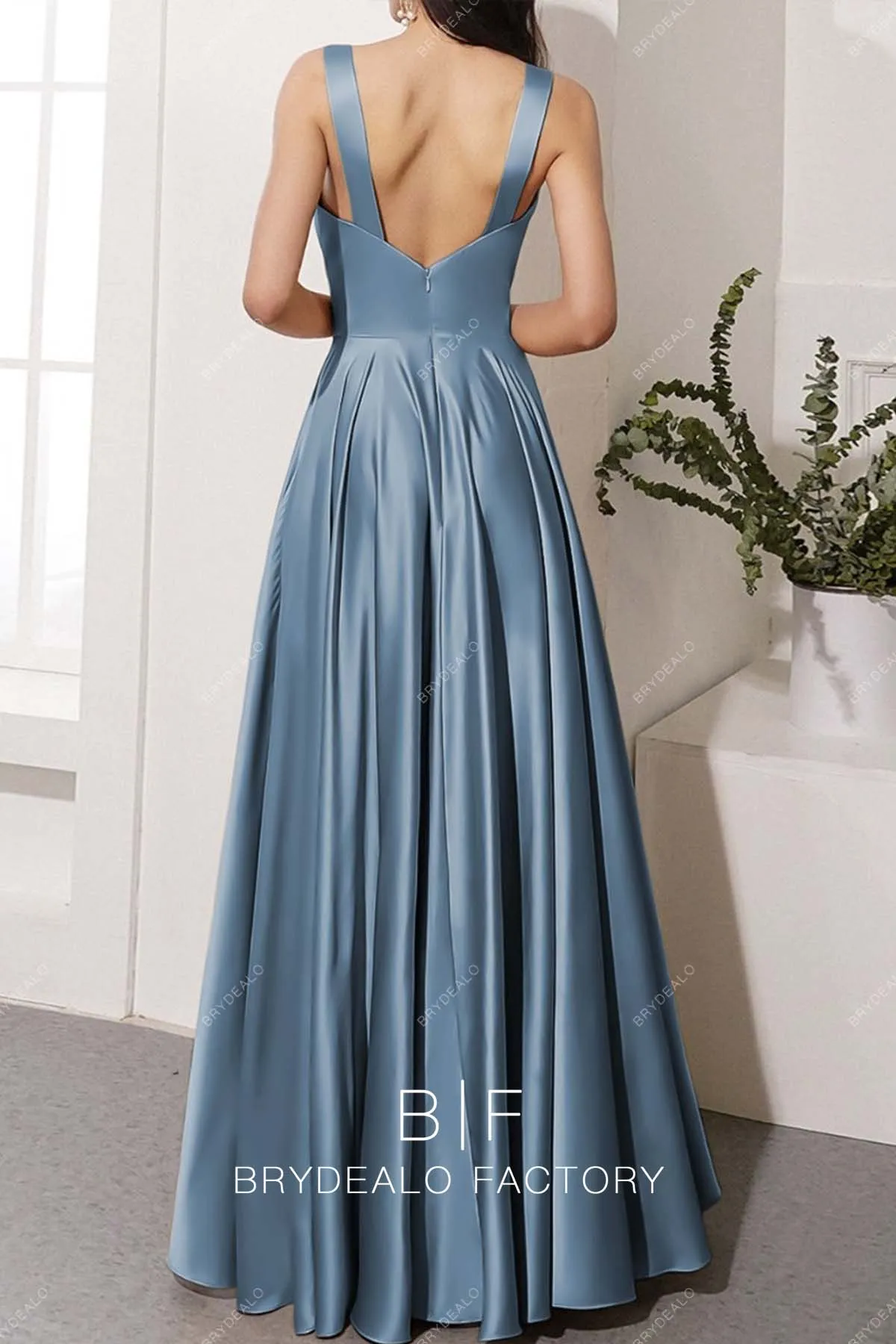 Dusty Blue Plunging Charmeuse Floor Length Slit A-line Dress
