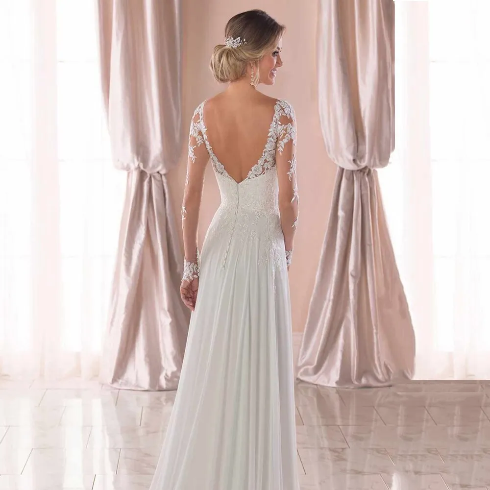 Elegant Long Sleeve A-Line Wedding Dresses  Lace Appliqued Long Sleeves Bride Dress Sweep Train Bridal Gown Vestido De Novia
