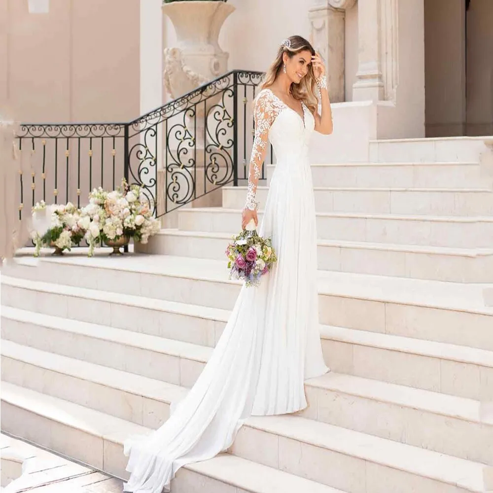 Elegant Long Sleeve A-Line Wedding Dresses  Lace Appliqued Long Sleeves Bride Dress Sweep Train Bridal Gown Vestido De Novia