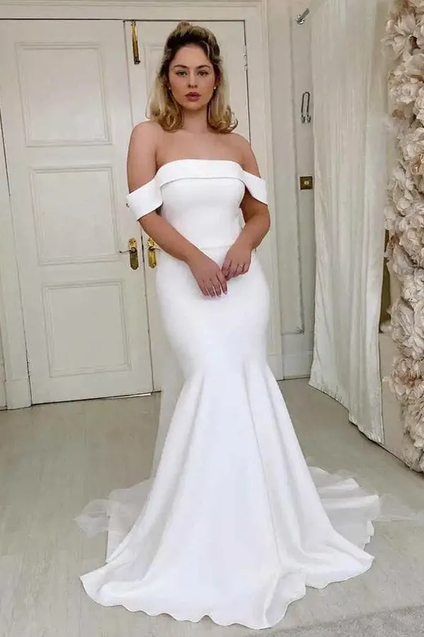 Elegant Off The Shoulder Ivory Satin Mermaid Wedding Dress WW301