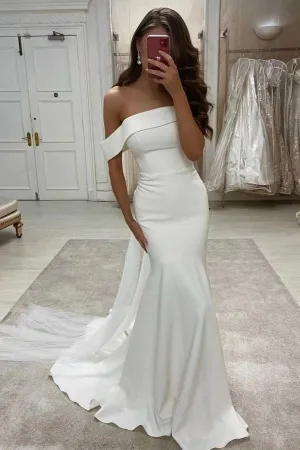 Elegant Off The Shoulder Ivory Satin Mermaid Wedding Dress WW301