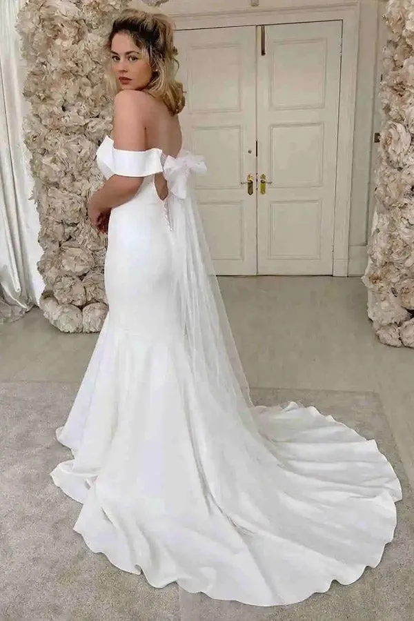 Elegant Off The Shoulder Ivory Satin Mermaid Wedding Dress WW301