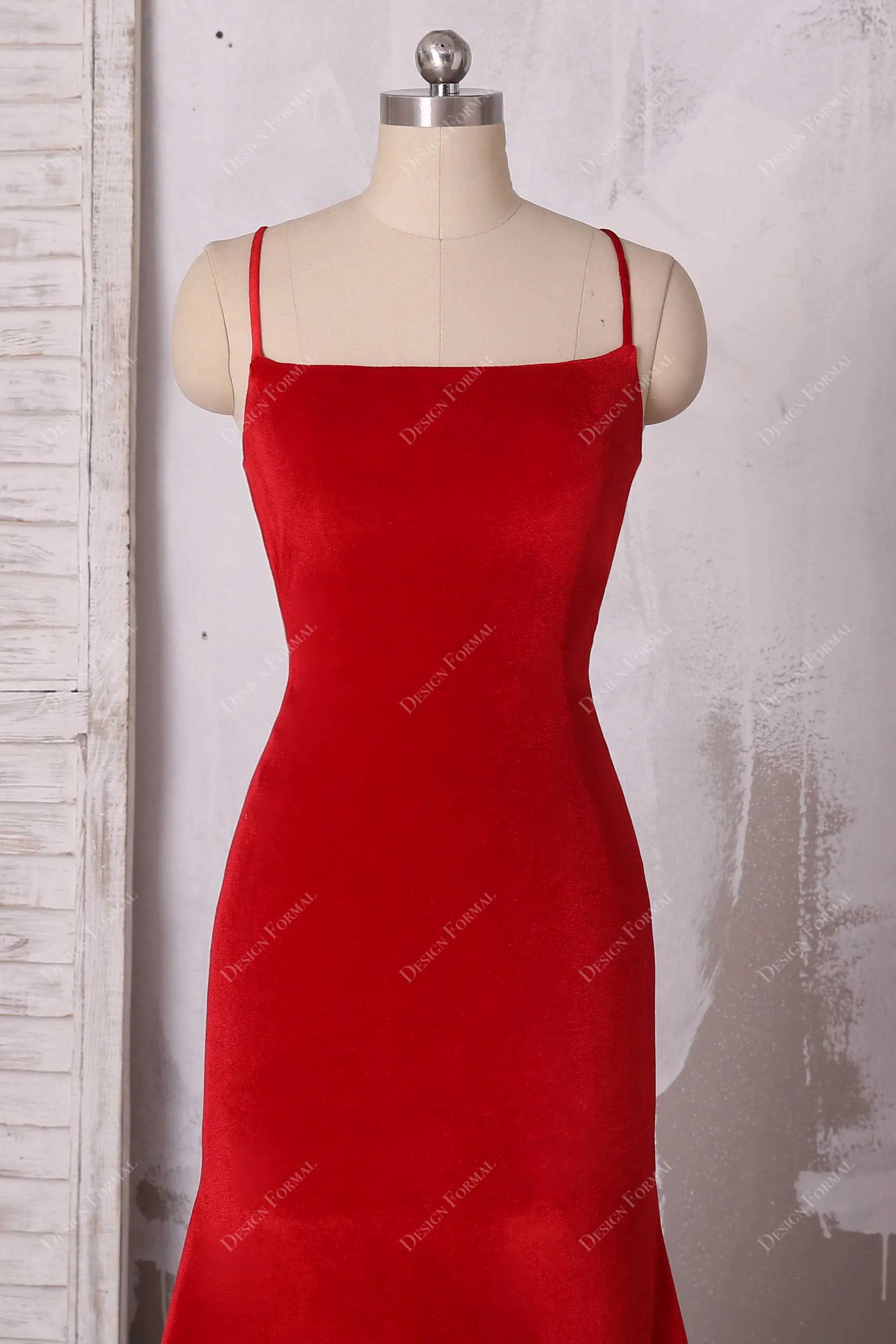 Elegant Red Velvet Strappy Back Simple Mermaid Prom Dress