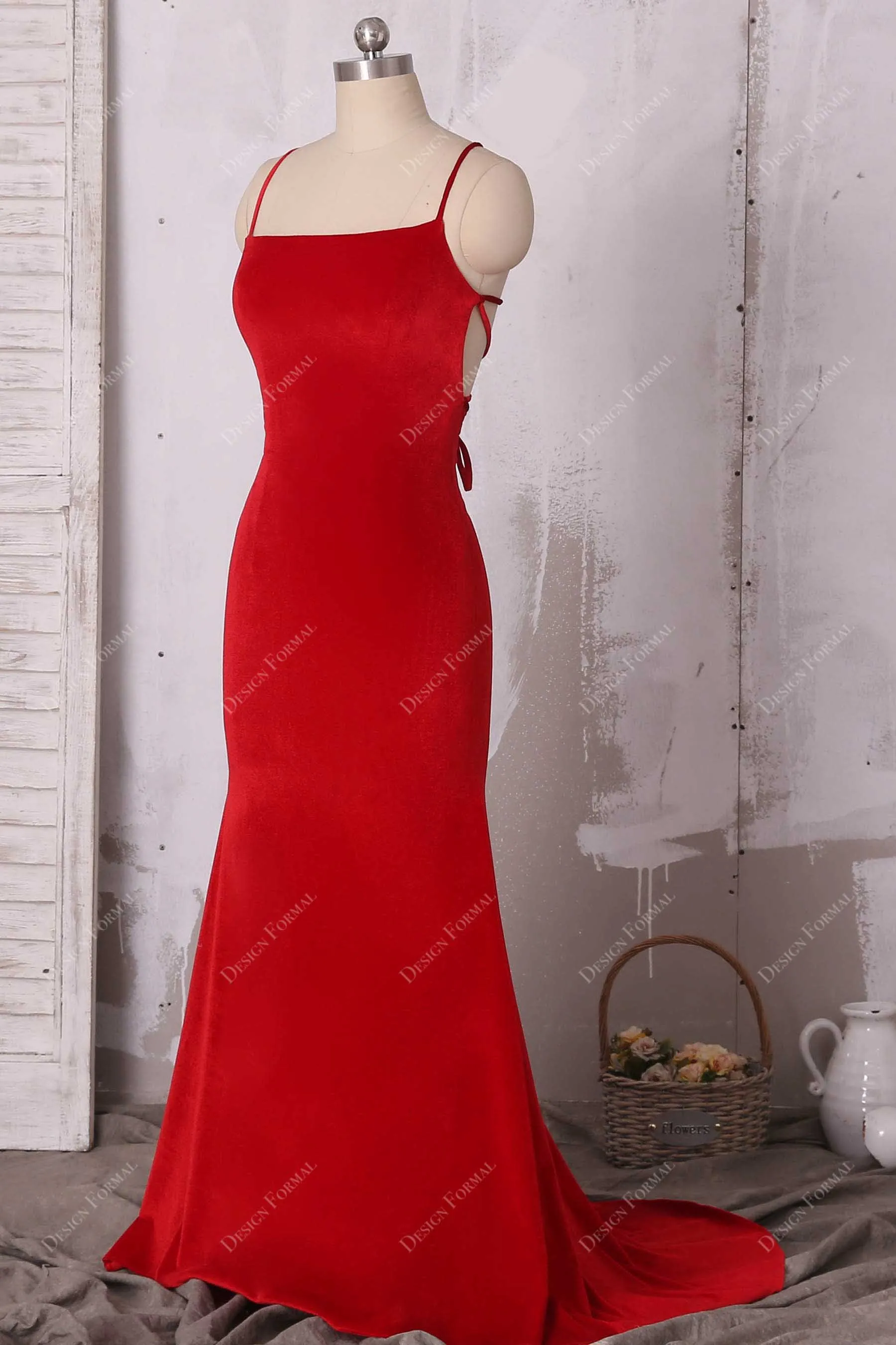 Elegant Red Velvet Strappy Back Simple Mermaid Prom Dress