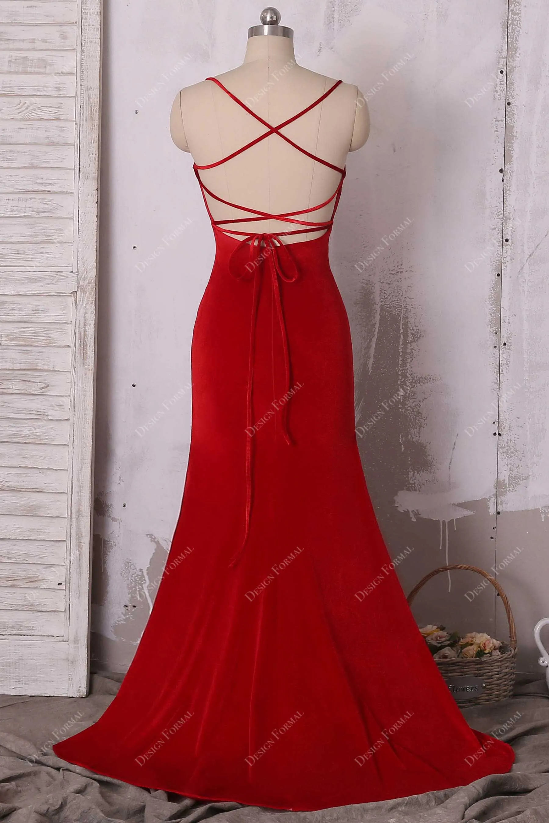 Elegant Red Velvet Strappy Back Simple Mermaid Prom Dress