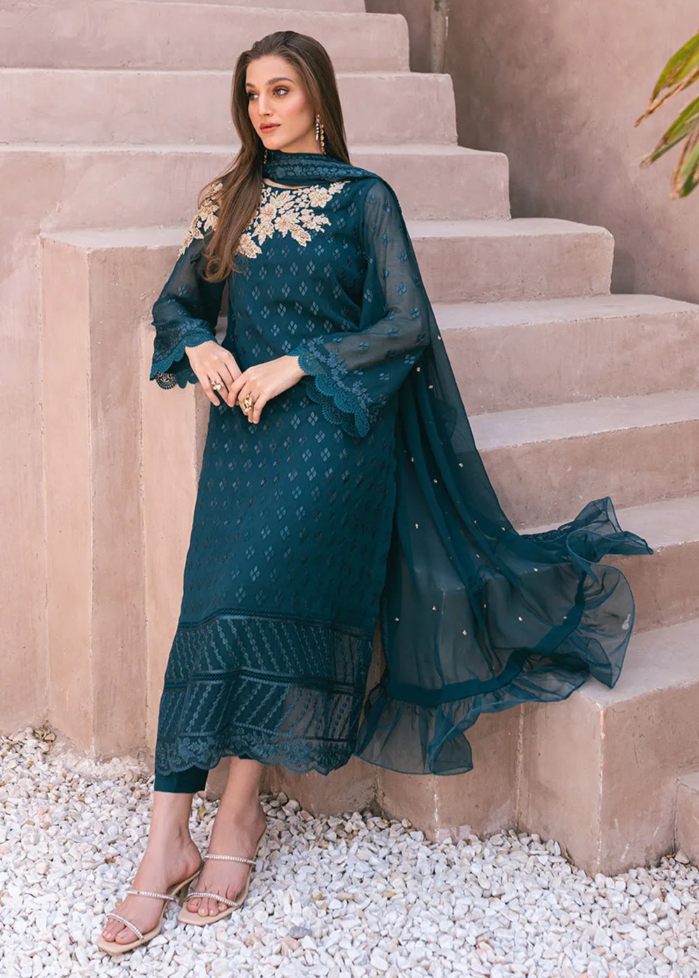Embroidered Ensembles 3 Pcs by Azure | Emerald Bloom