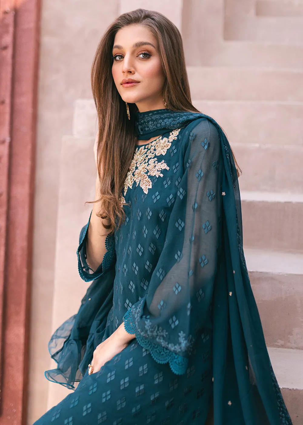 Embroidered Ensembles 3 Pcs by Azure | Emerald Bloom