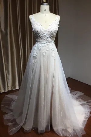 Floral Applique A-Line Wedding Dress with Side Split and Backless Design