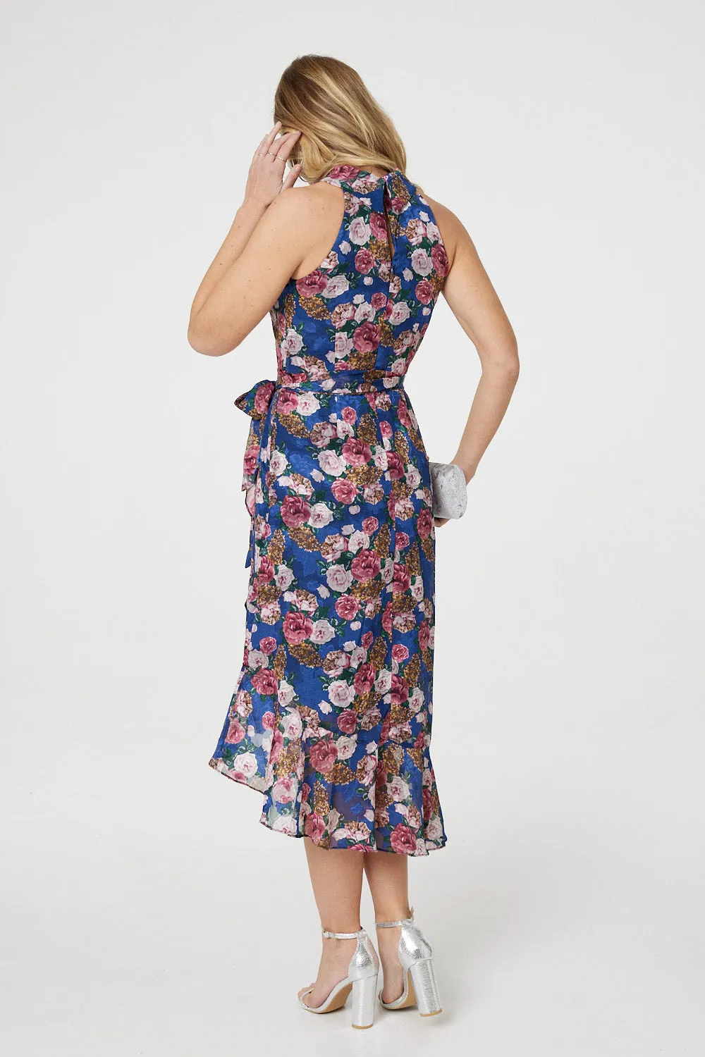 Floral Frill Hem Midi Halter Dress
