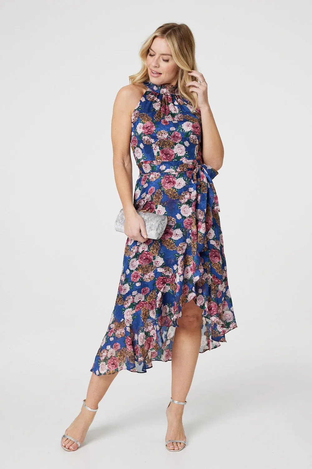 Floral Frill Hem Midi Halter Dress