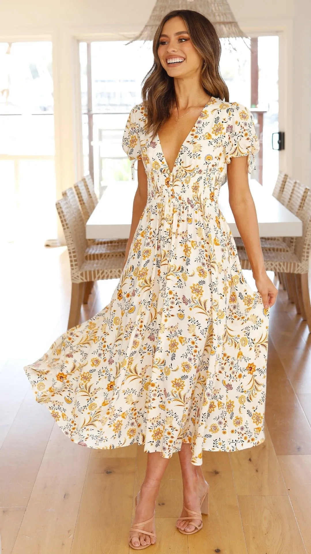 Floral Printed V Neck Short Sleeve Dress