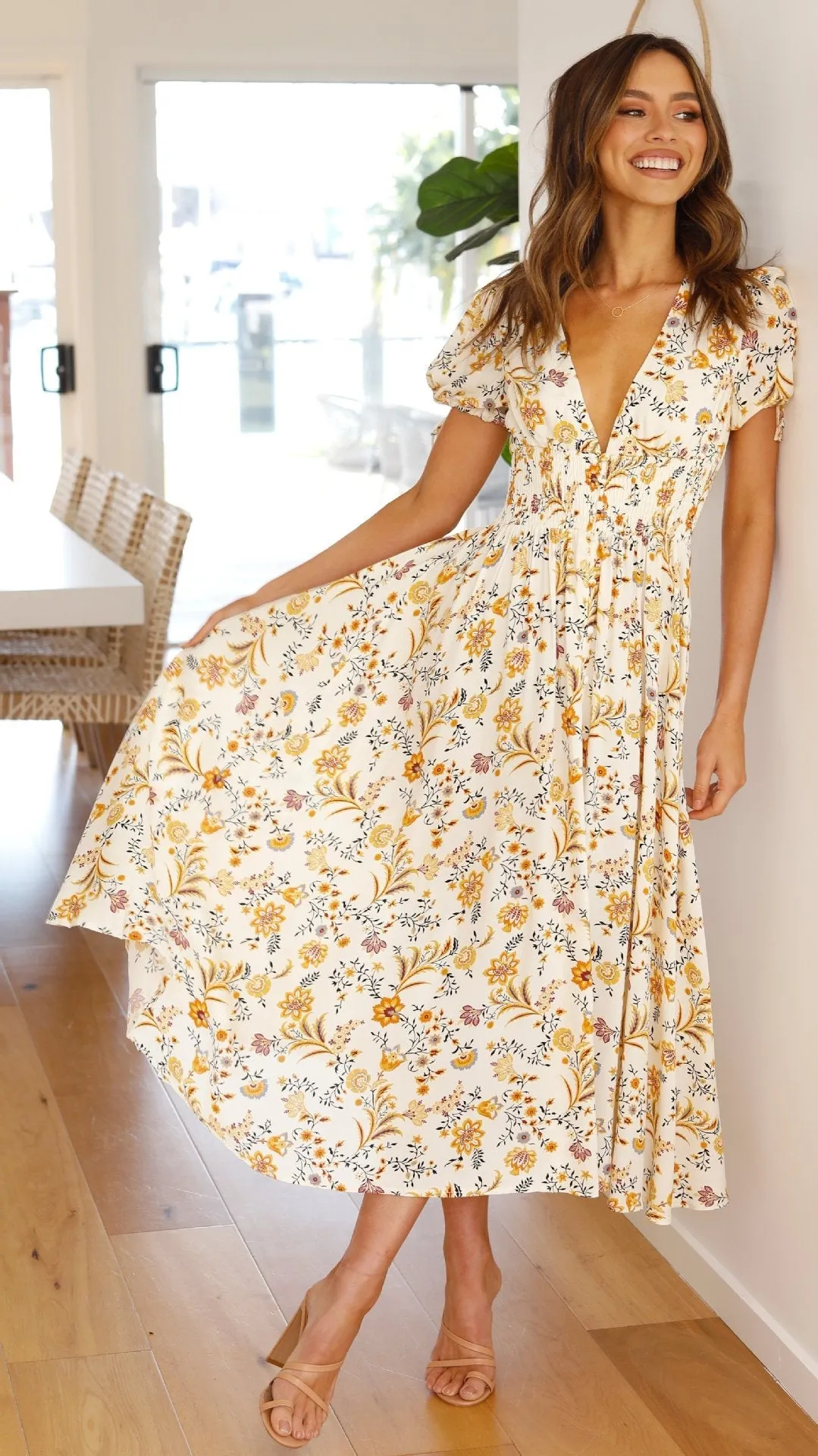 Floral Printed V Neck Short Sleeve Dress