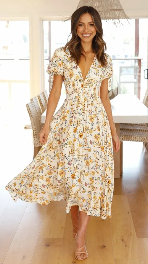 Floral Printed V Neck Short Sleeve Dress