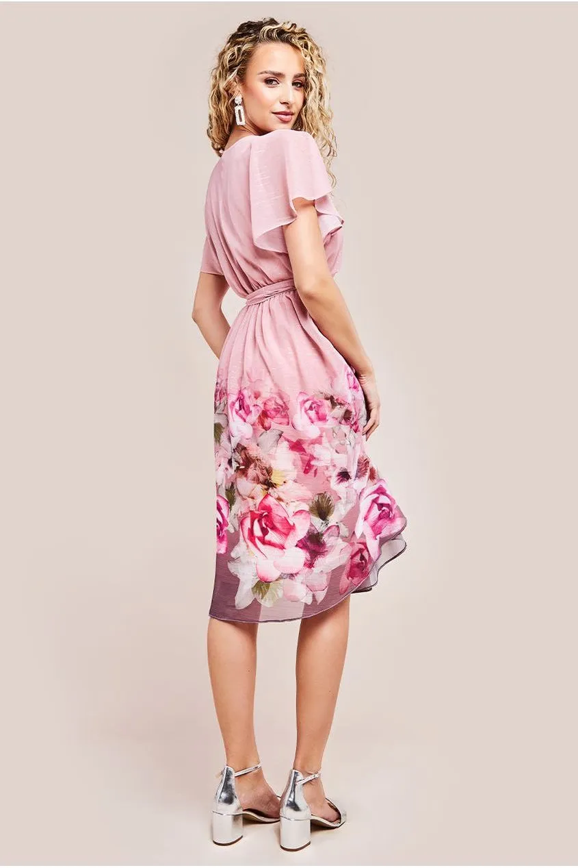 Goddiva Chiffon Lurex Floral Border Print Midi Dress - Blush