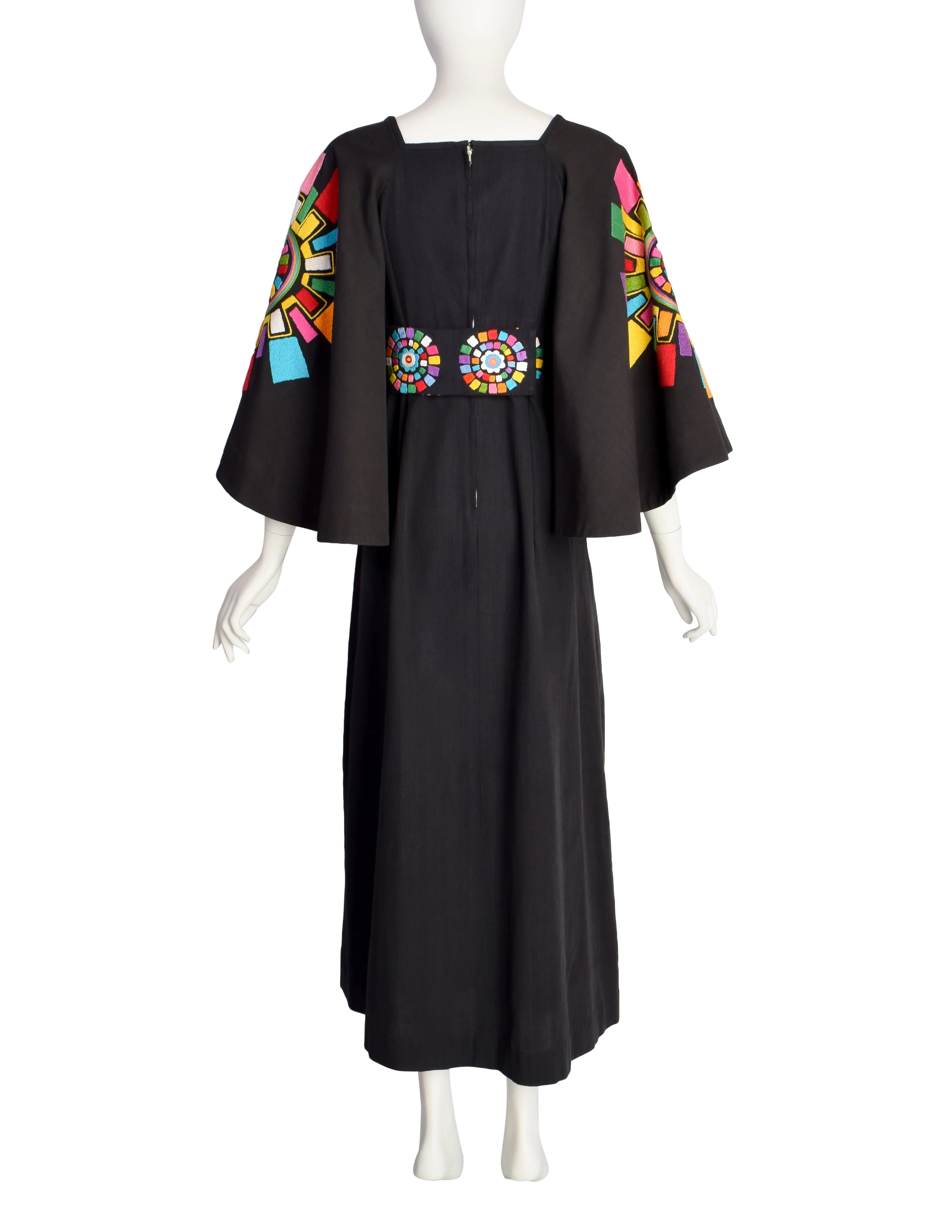 Gorgeous Vintage 1960s Mexican Black Cotton Maxi Dress with Huge Embroidered Rainbow Mandala Bell Sleeves