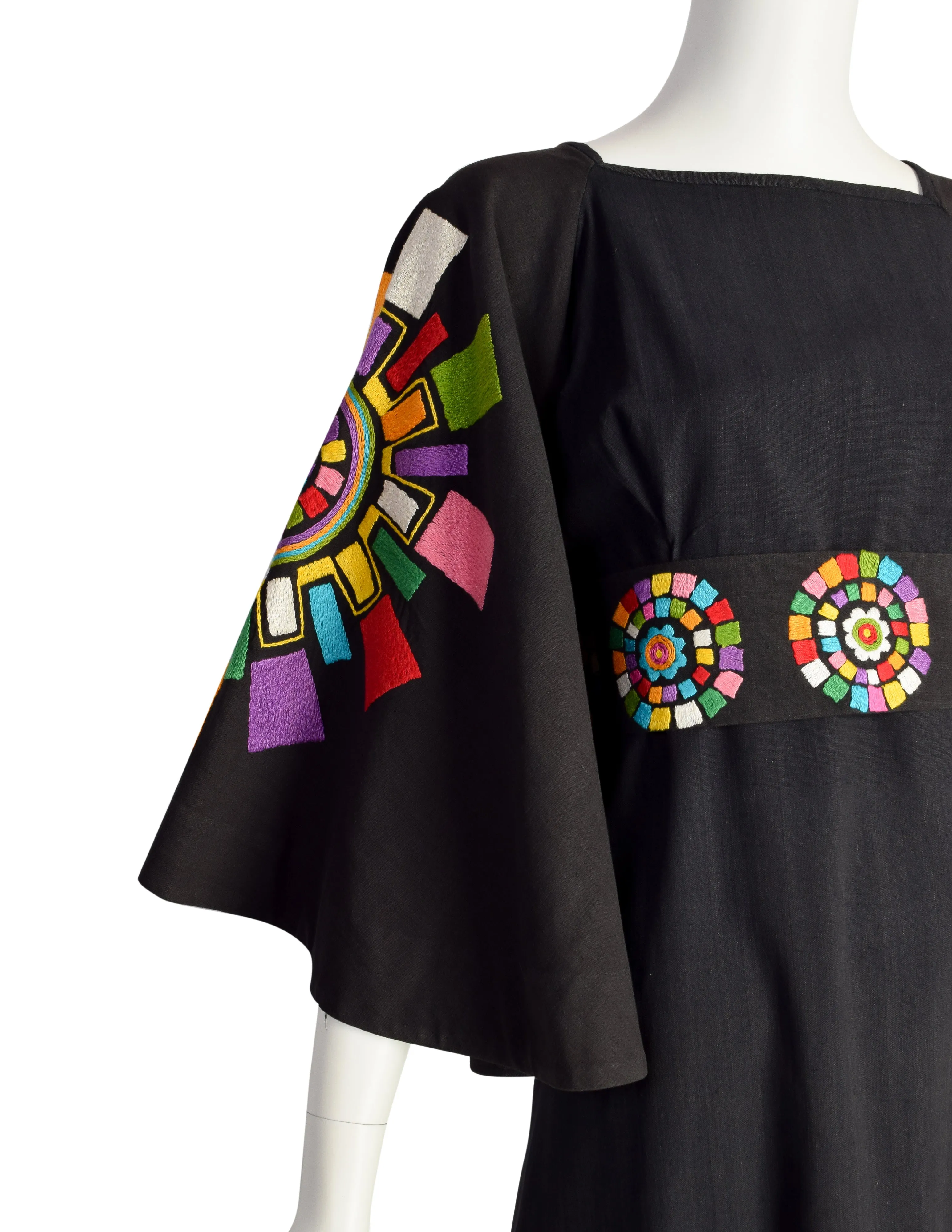 Gorgeous Vintage 1960s Mexican Black Cotton Maxi Dress with Huge Embroidered Rainbow Mandala Bell Sleeves