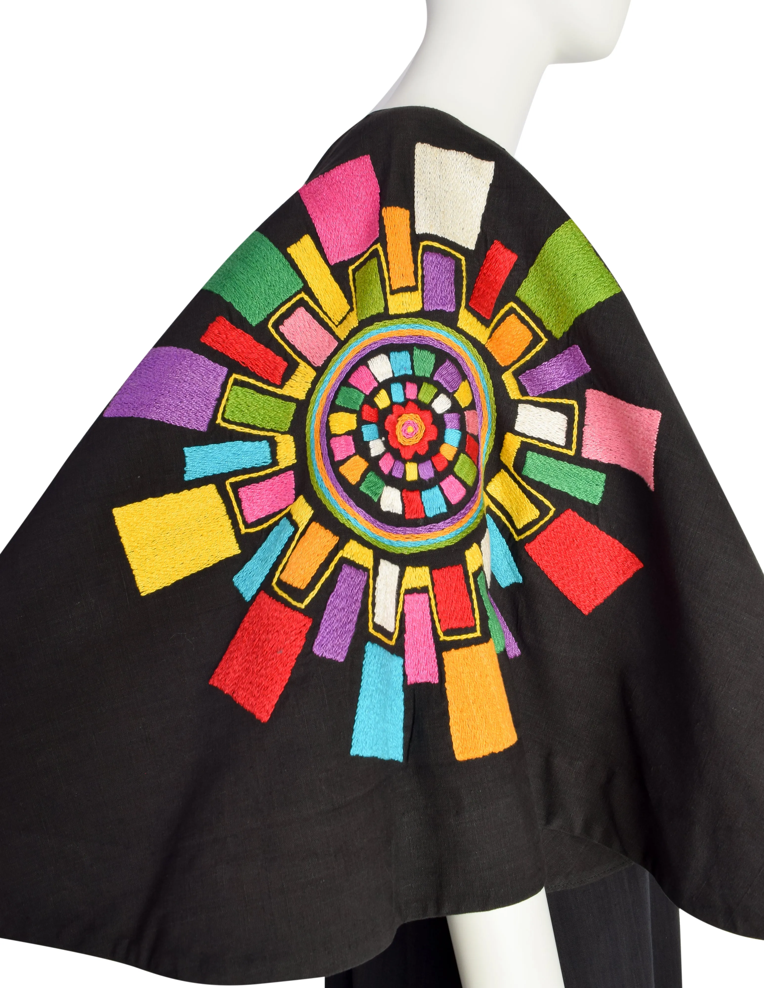Gorgeous Vintage 1960s Mexican Black Cotton Maxi Dress with Huge Embroidered Rainbow Mandala Bell Sleeves