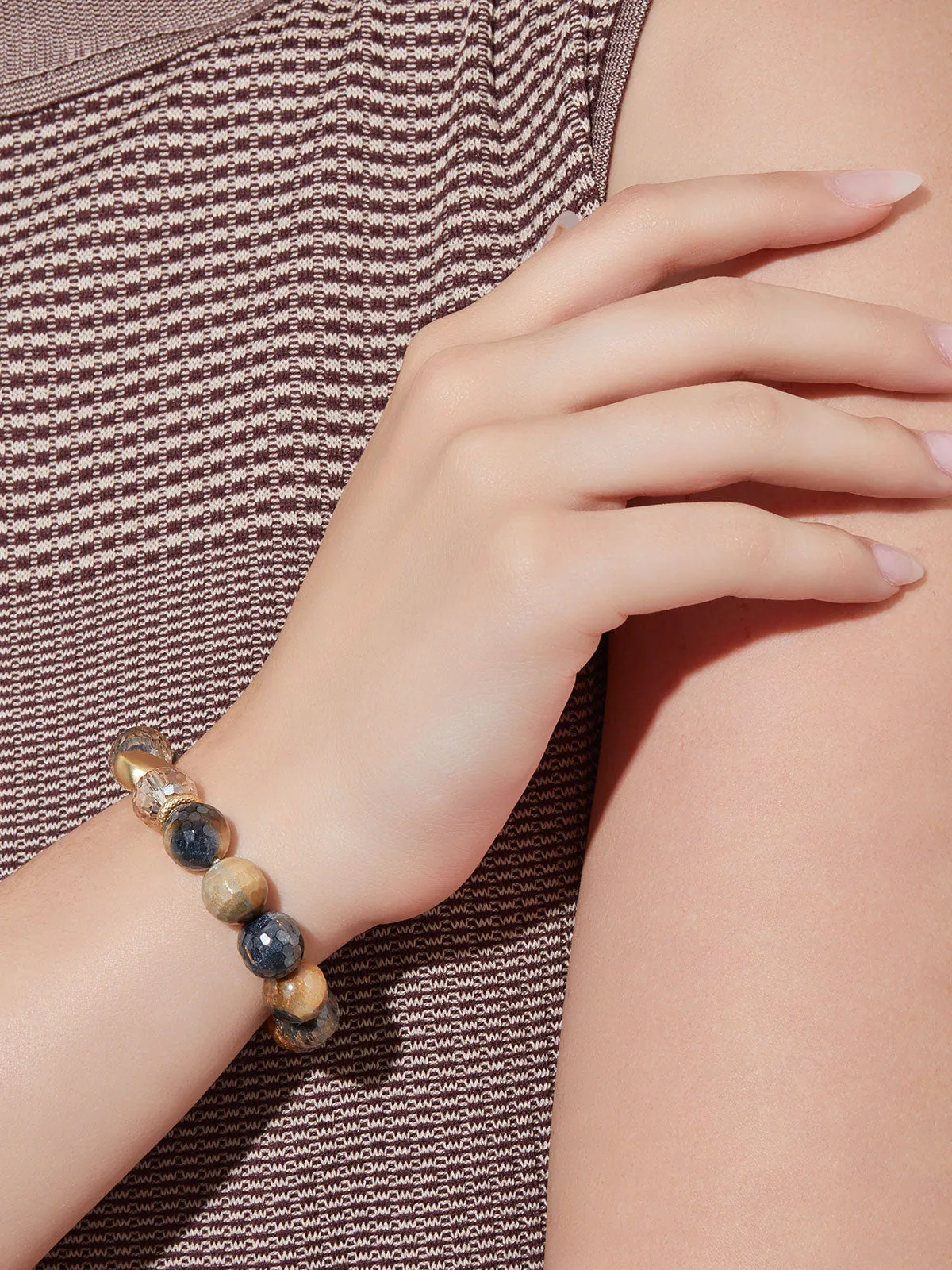 Handmade Matte Gold Plate Mixed Crystal & Tiger Eye Stretch Bracelet