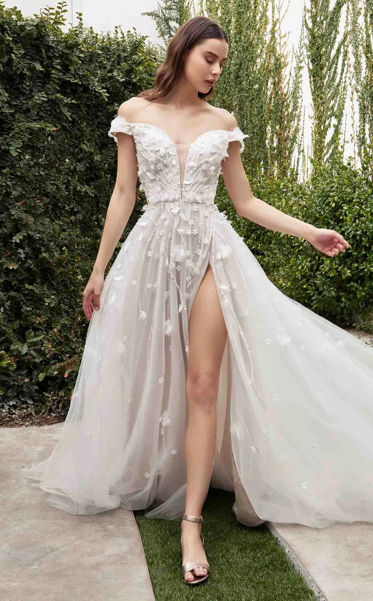 Hanna Off Shoulder Floral Applique Slit Wedding Dress: Off White