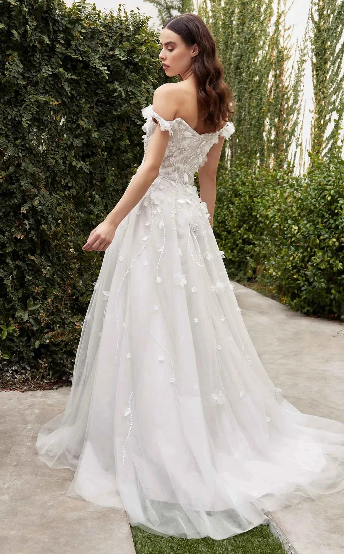 Hanna Off Shoulder Floral Applique Slit Wedding Dress: Off White