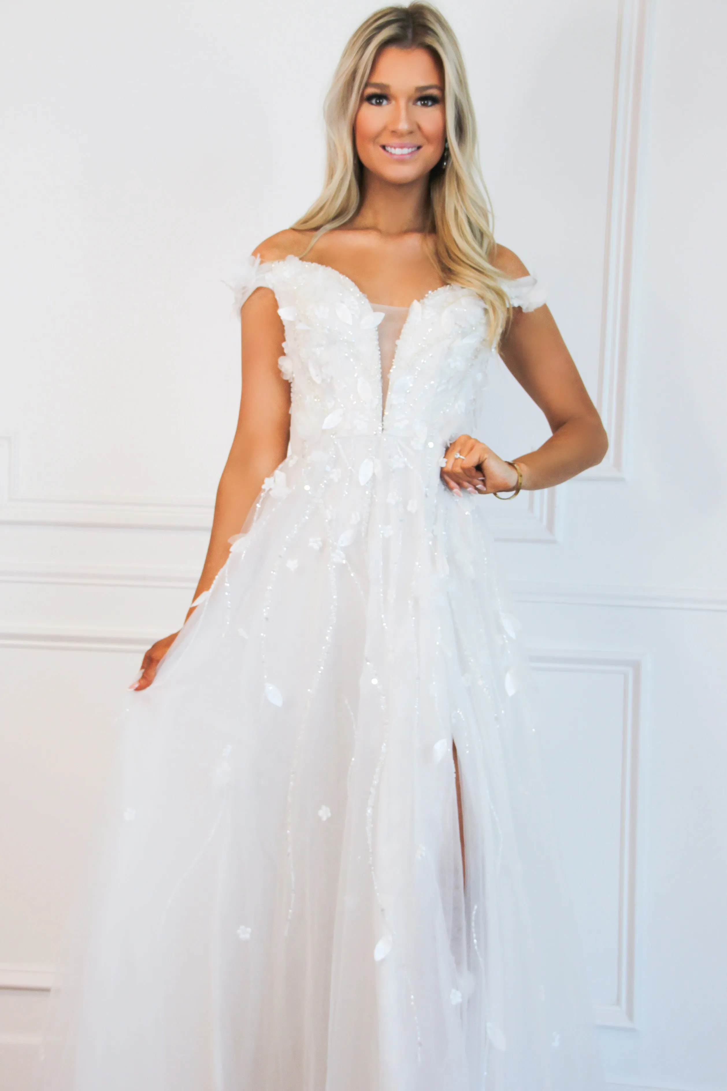 Hanna Off Shoulder Floral Applique Slit Wedding Dress: Off White