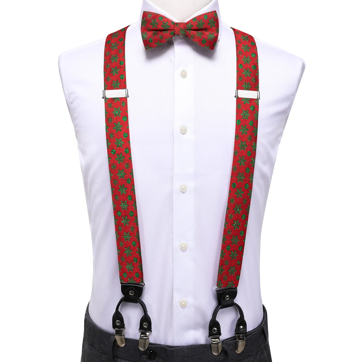Hi-Tie Red Green Christmas Necktie Suspender Bowtie Hanky Cufflink Set