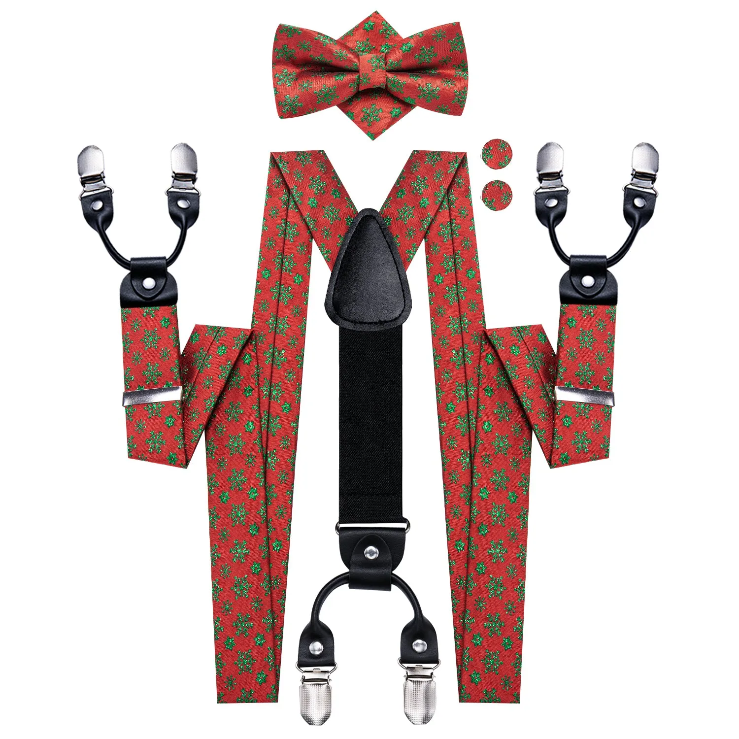 Hi-Tie Red Green Christmas Necktie Suspender Bowtie Hanky Cufflink Set