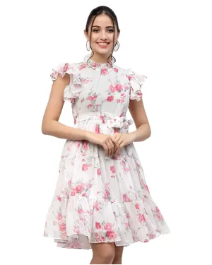 I ENTERPRISE Women's Georgette Pink High Neck Short Sleeve A-line Dress Dress for Women|One Piece Dress for Women|Dress for Women Stylish|Western Dress|Dress for Women|Printed Dress