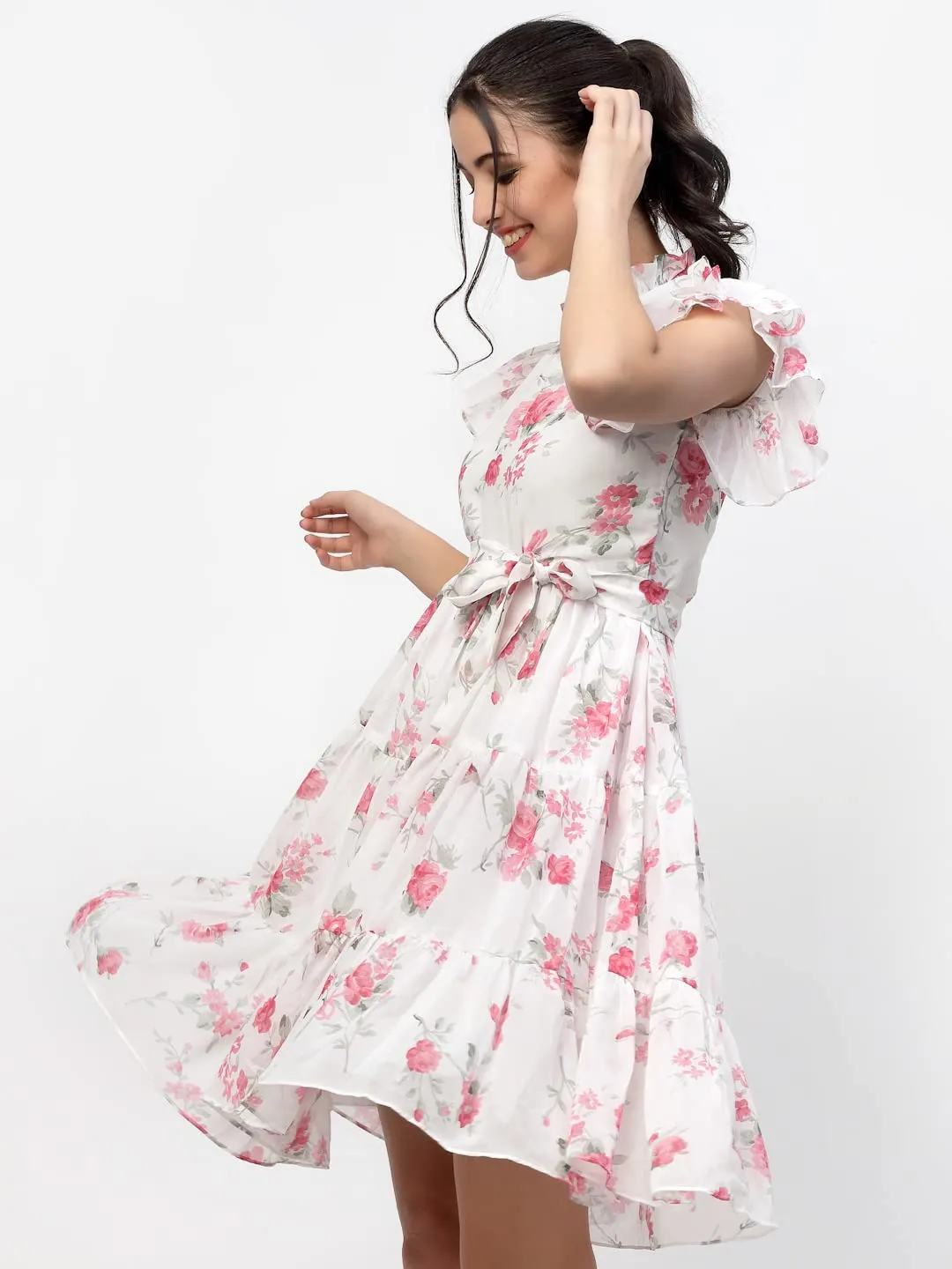 I ENTERPRISE Women's Georgette Pink High Neck Short Sleeve A-line Dress Dress for Women|One Piece Dress for Women|Dress for Women Stylish|Western Dress|Dress for Women|Printed Dress