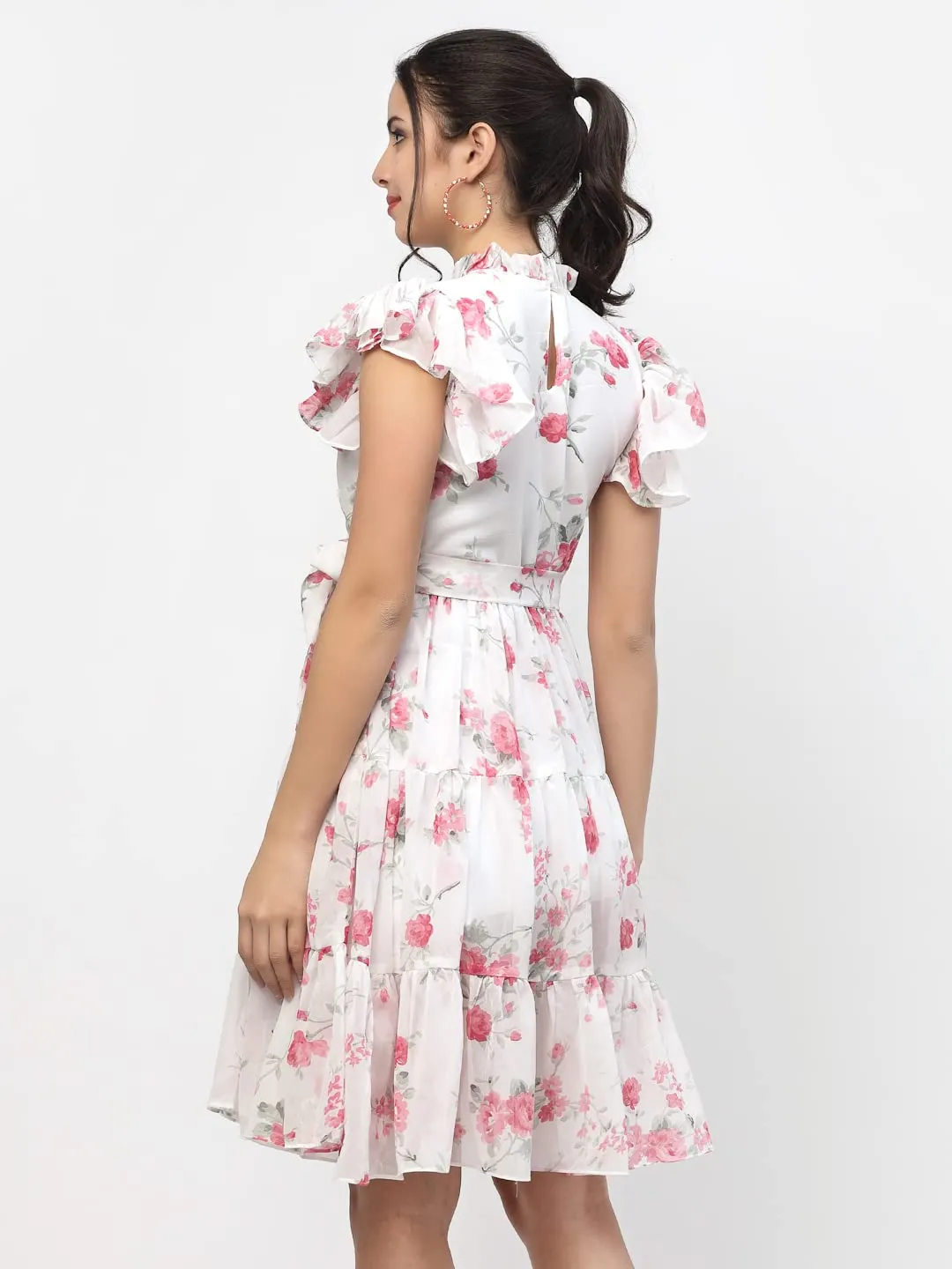 I ENTERPRISE Women's Georgette Pink High Neck Short Sleeve A-line Dress Dress for Women|One Piece Dress for Women|Dress for Women Stylish|Western Dress|Dress for Women|Printed Dress