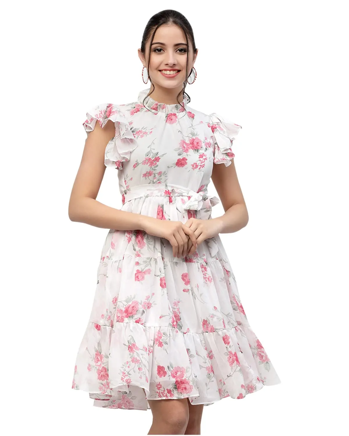 I ENTERPRISE Women's Georgette Pink High Neck Short Sleeve A-line Dress Dress for Women|One Piece Dress for Women|Dress for Women Stylish|Western Dress|Dress for Women|Printed Dress