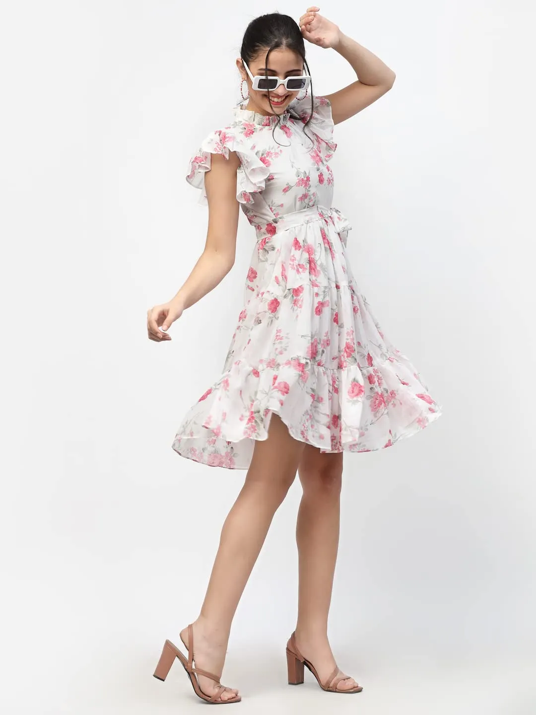 I ENTERPRISE Women's Georgette Pink High Neck Short Sleeve A-line Dress Dress for Women|One Piece Dress for Women|Dress for Women Stylish|Western Dress|Dress for Women|Printed Dress