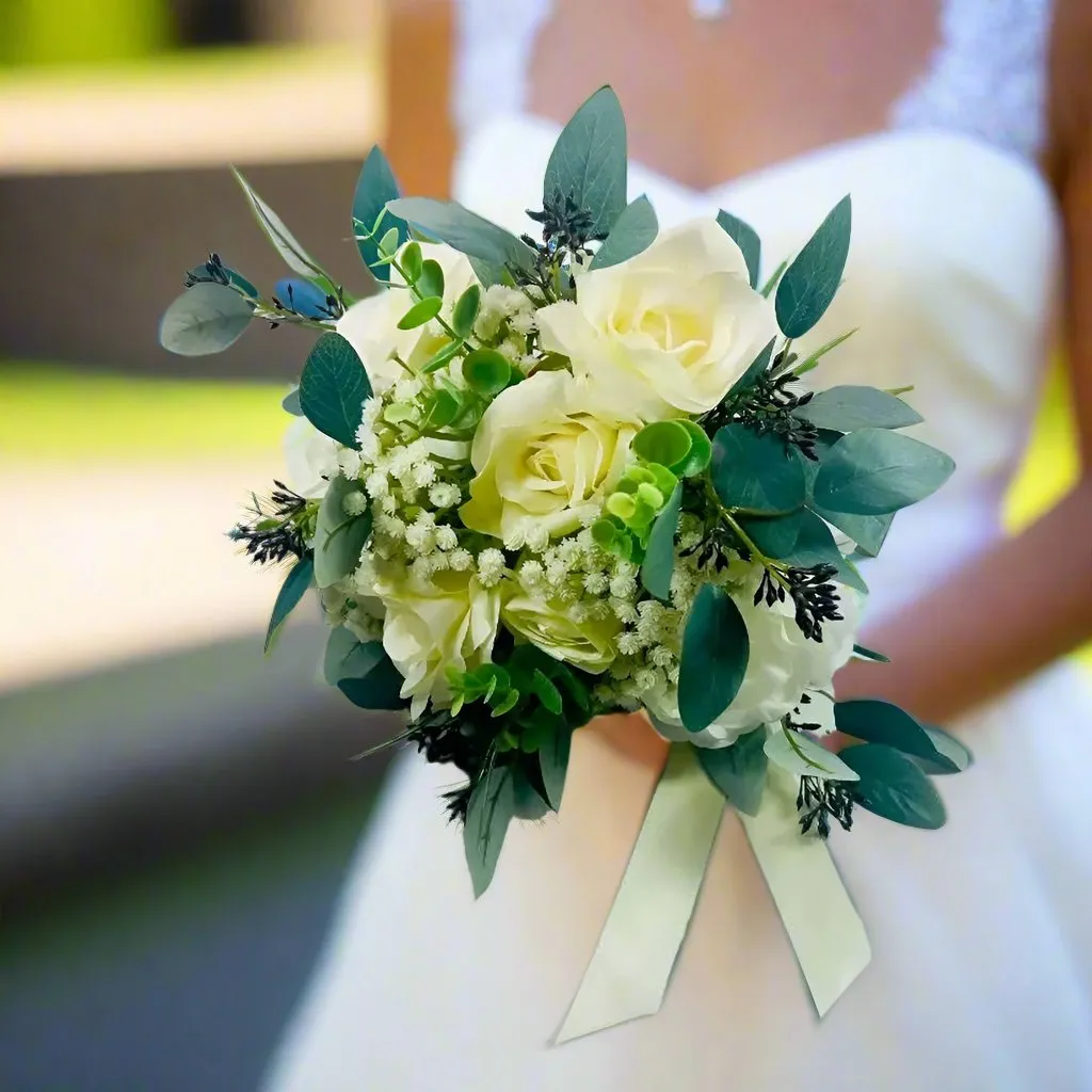 Ivory And Green Artificial Wedding Bouquet