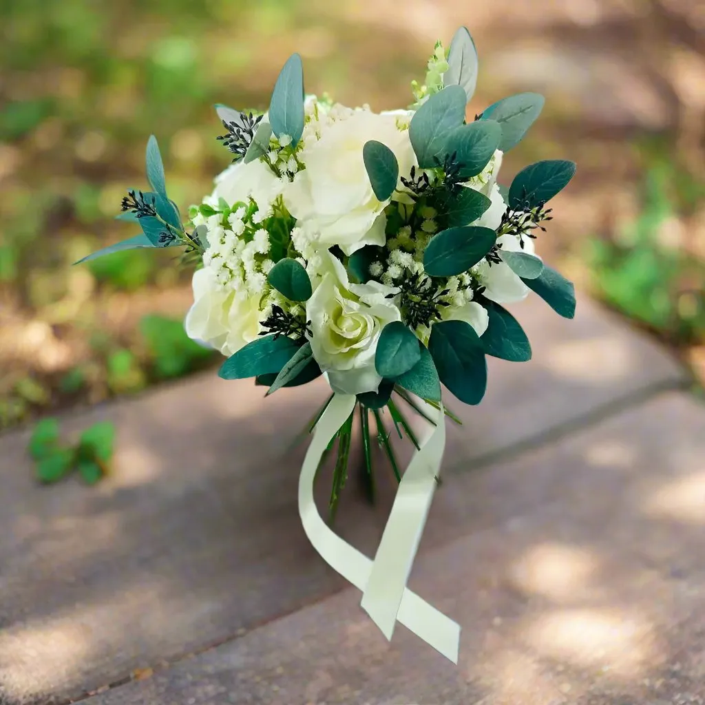 Ivory And Green Artificial Wedding Bouquet