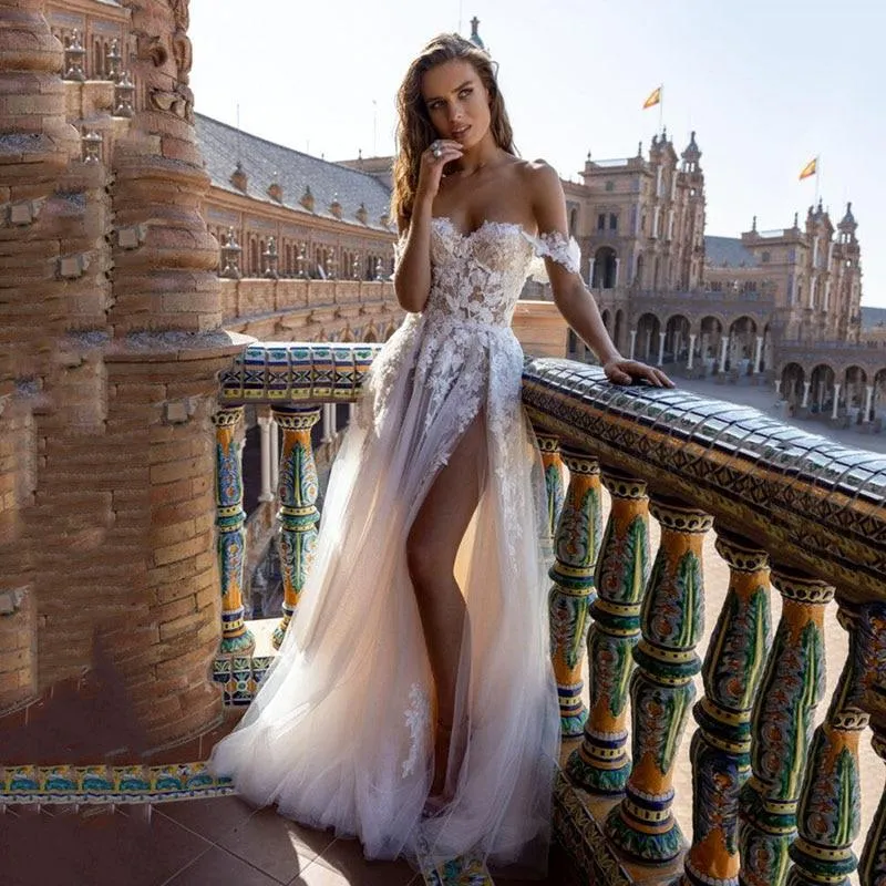 Ivory Tulle Off The Shoulder Beach Wedding Dress