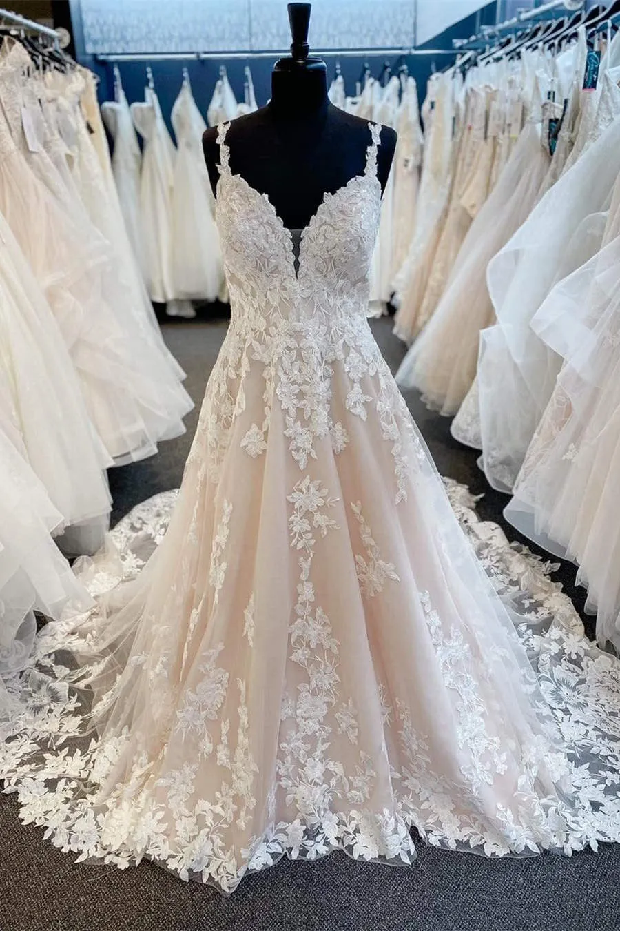 Ivory V-Neck Appliqued Long Wedding Dress