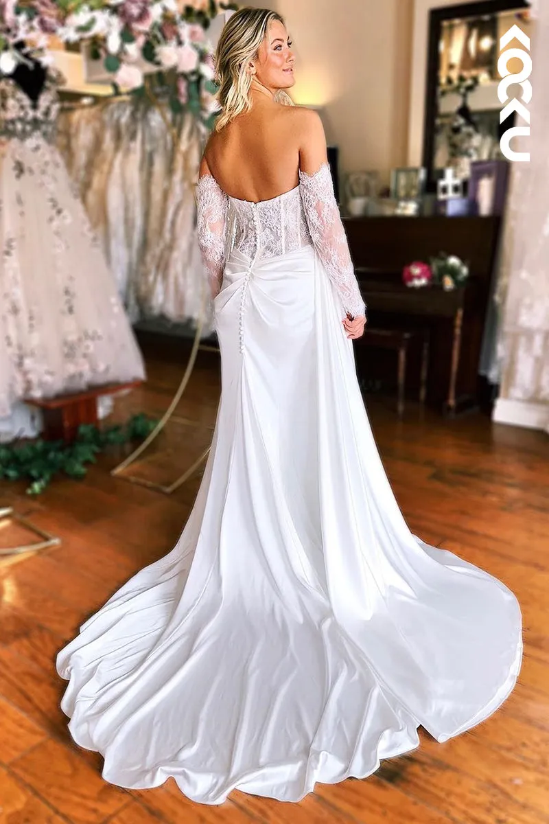 K1959 - Glamorous & Dramatic Sweetheat Half Sleeves Side Slit Lace Applique Wedding Dress