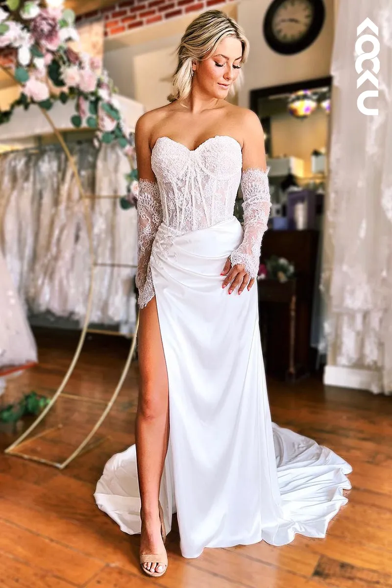 K1959 - Glamorous & Dramatic Sweetheat Half Sleeves Side Slit Lace Applique Wedding Dress