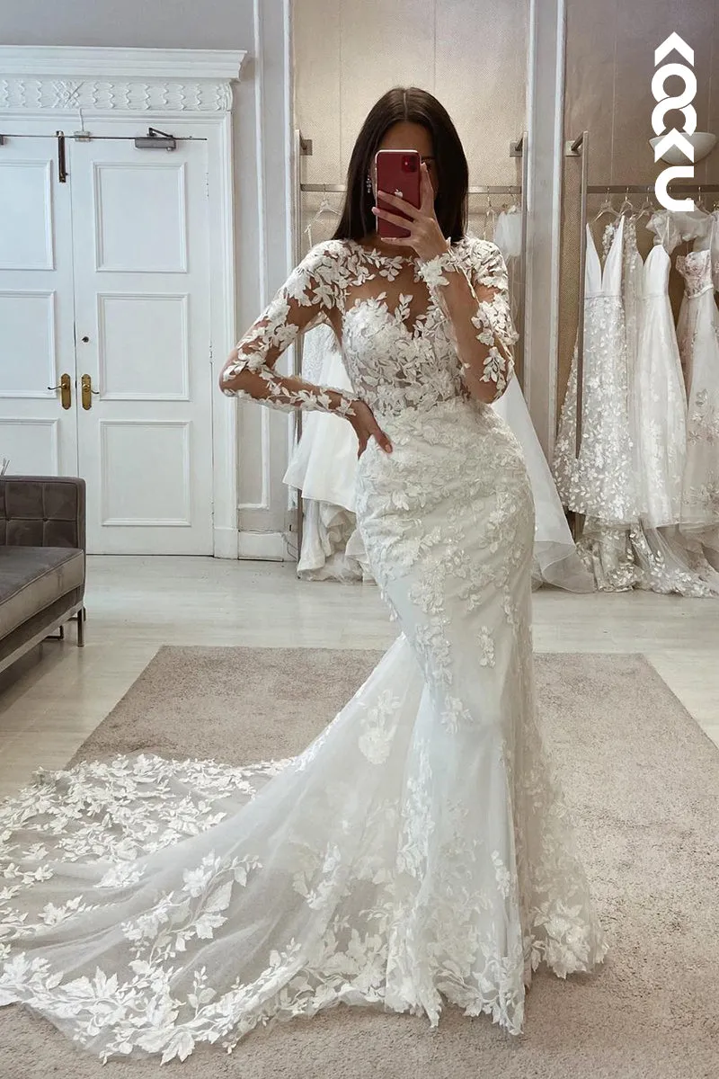 K1988 - Elegant & Luxurious Long Sleeves Mermaid Appilque V-Neck Wedding Dress