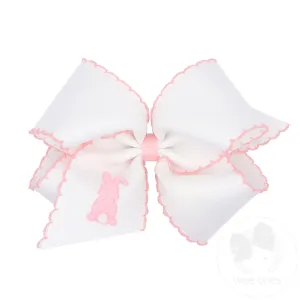 King White Grosgrain Girls Hair Bow with Moonstitch Edge and Easter Embroidery